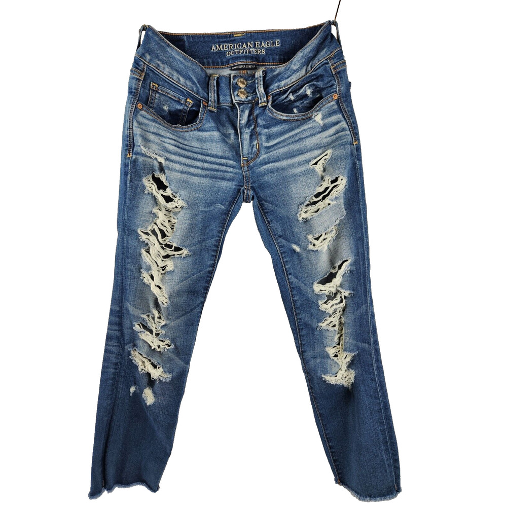 American Eagle Womens Jr Super Stretch Artist Crop Ripped Skinny Jeans Sz 2